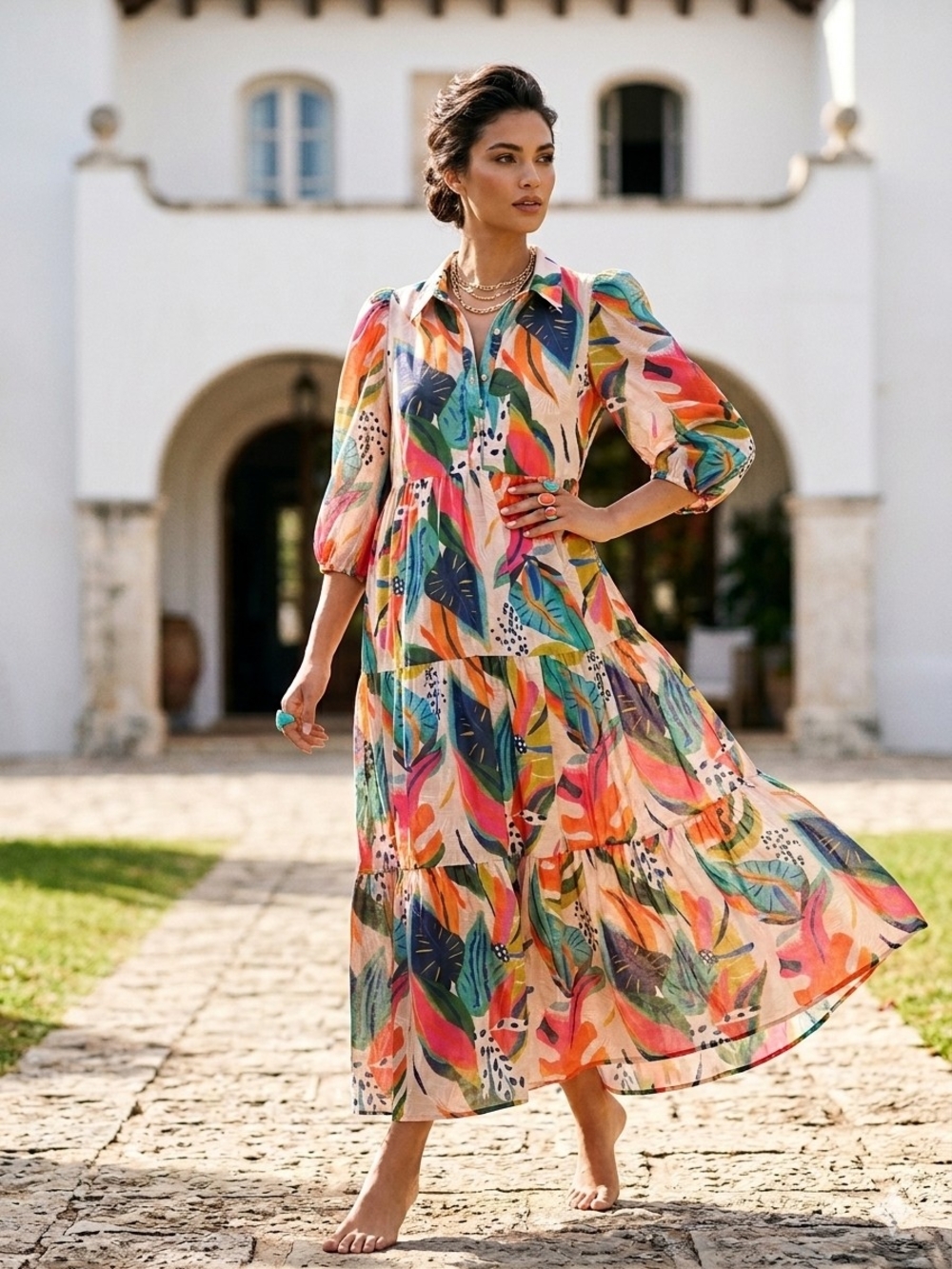 NWOT TCEC Tropical Floral Tiered Maxi Dress LRGE Boho Coastal Puff Sleeve Resort